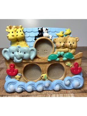 Noahs Ark-Themed Triple Picture Frame With Animal Figurines Resin